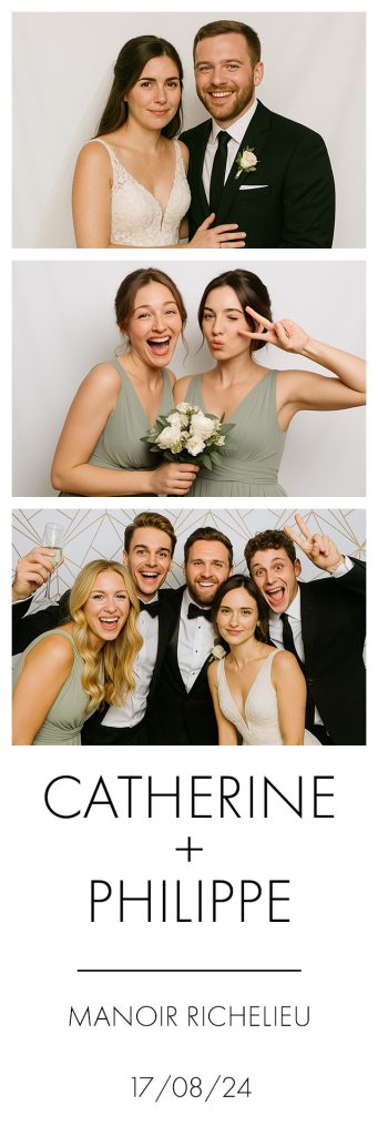 Exemple avec mariés et invités cadre 2x6 vertical avec 3 photos pour Photo Booth