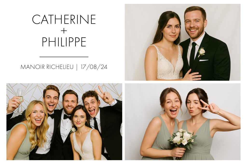 Exemple avec mariés et invités cadre 4x6 avec 3 photos pour Photo Booth