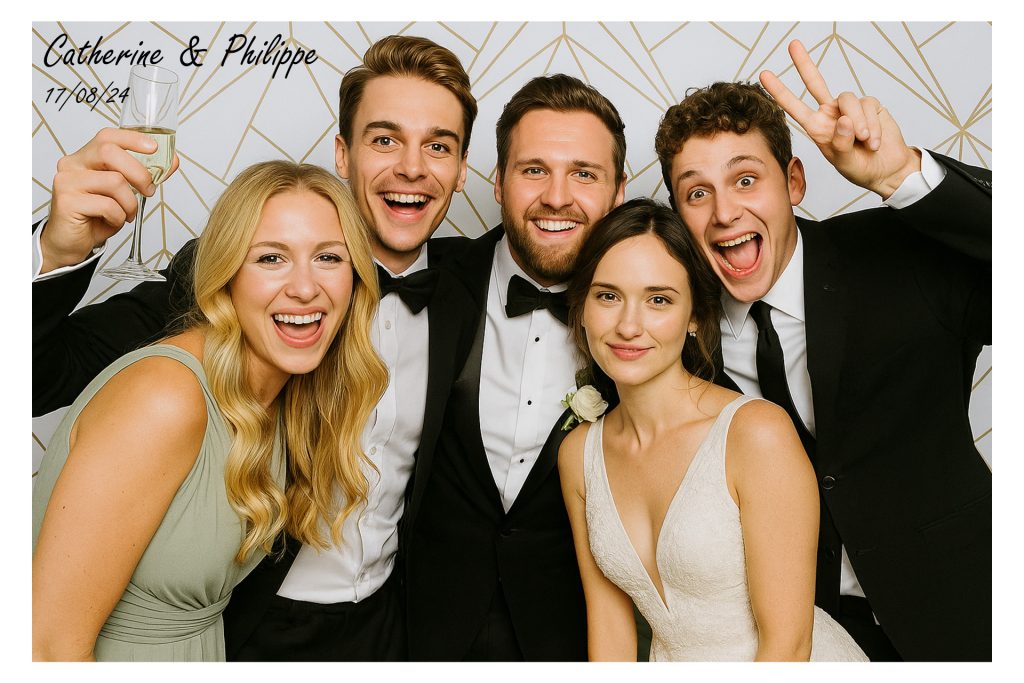 Exemple avec mariés et invités cadre 4x6 avec bordure pour Photo Booth